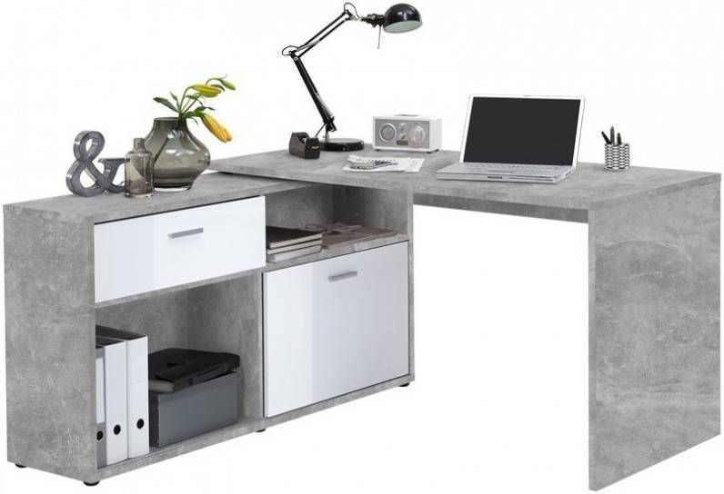 FD Furniture Hoekbureau Gody Grijs beton met hoogglans wit